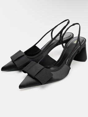 ZARA Black Pointed Bow Slingback Heels